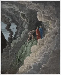 Purgatorio, Canto 16: Marco Lombardo sigue a los poetas a través del humo, ilustración de La Divina Comedia de Dante Alighieri, 1885 (grabado coloreado digitalmente)